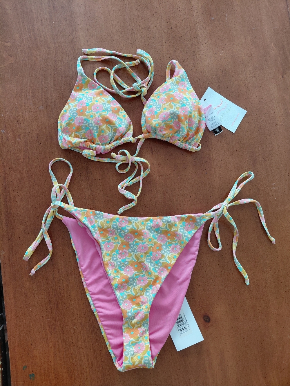 Dippin Daisys Pink Yellow Floral Palm Top And Mia Bottoms Bikini Set Size L NWT